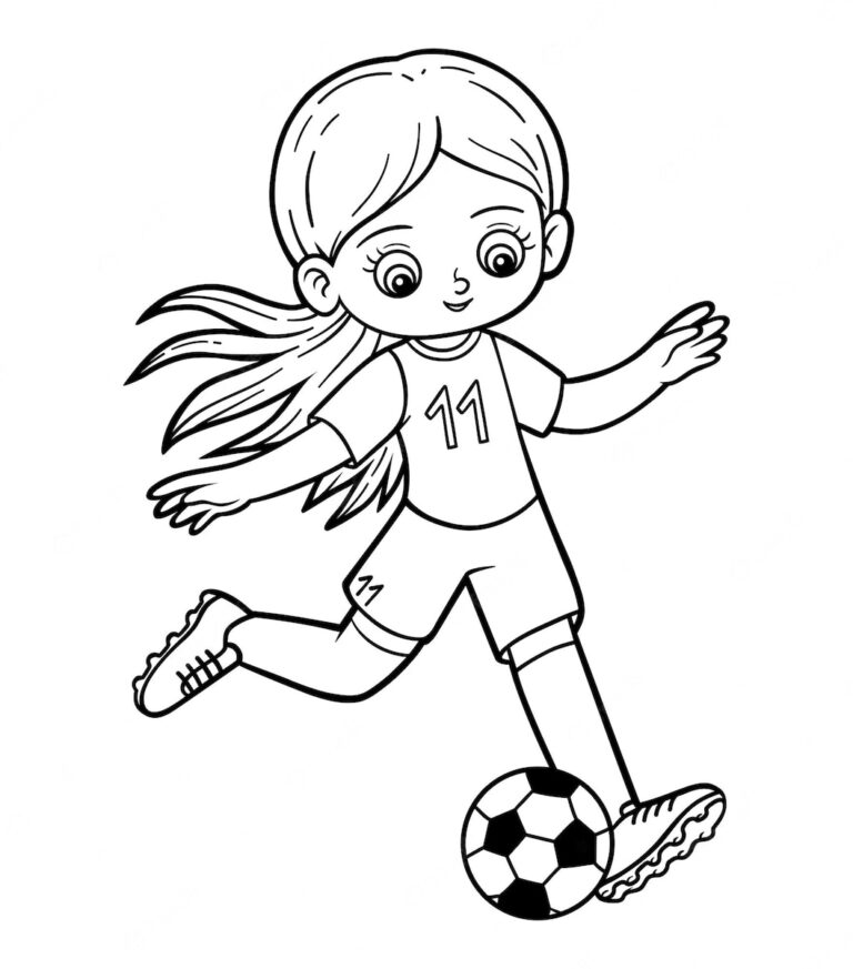 Chica para colorear jugando al fútbol
